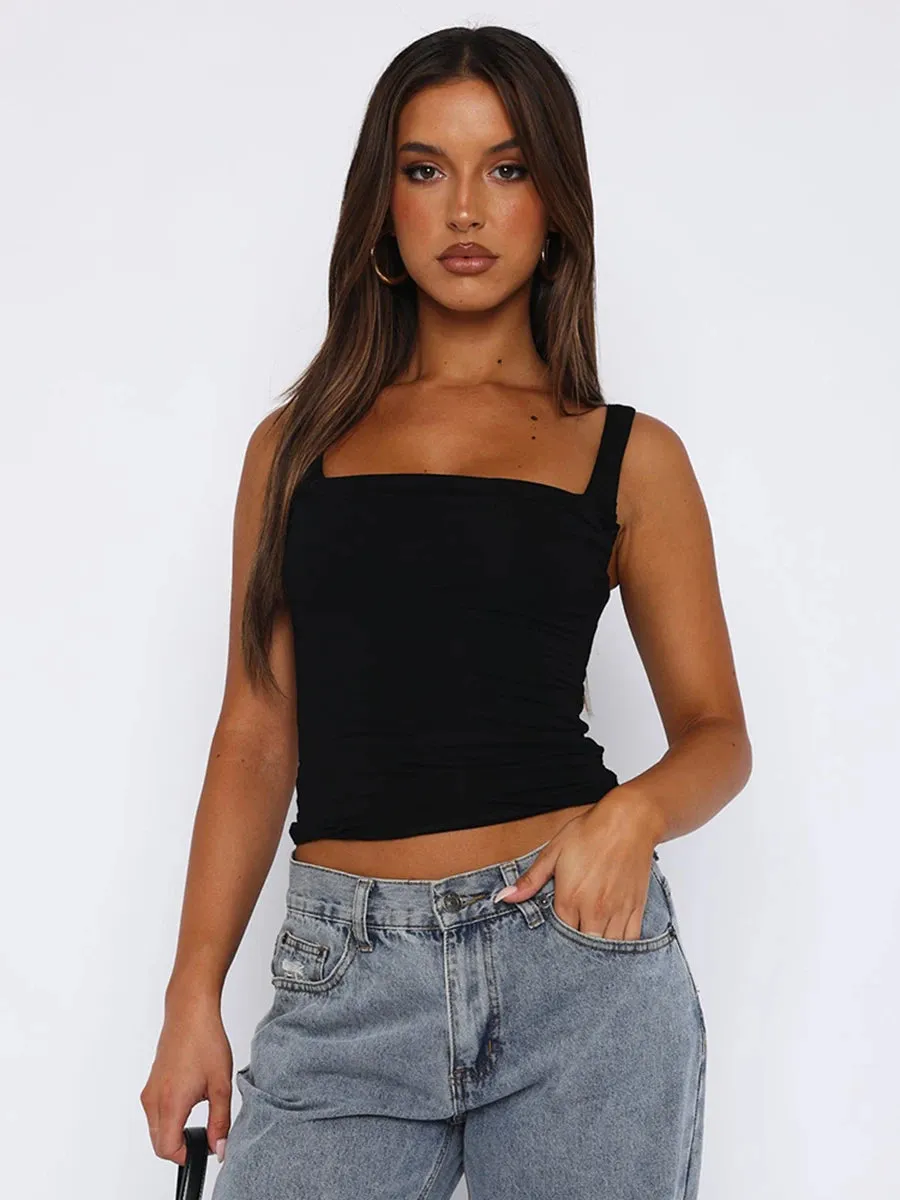 LVSANW CUTENOVA Wide Straps Square Neck Sleeveless Skinny Backless T Shirt Y2K Women's Pleated Solid Color  Summer Casual Basic Tank To