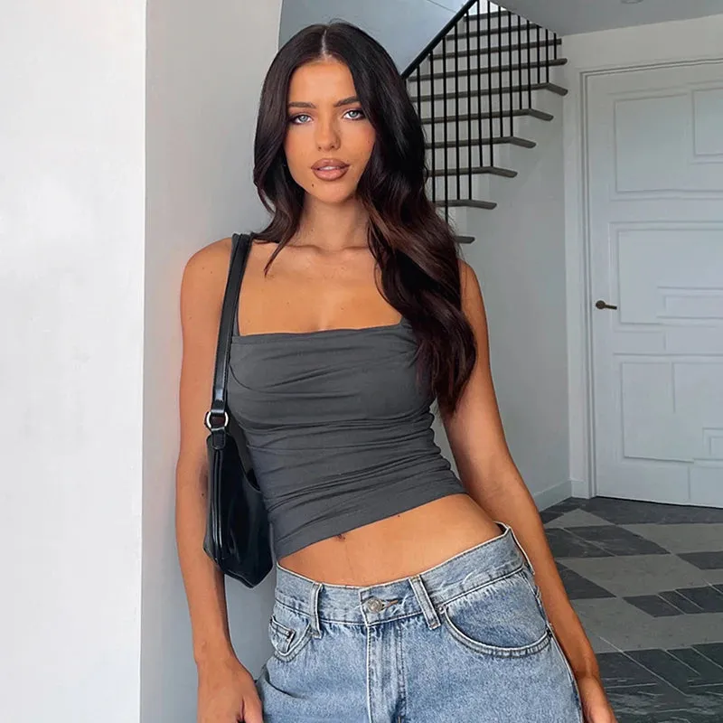 LVSANW CUTENOVA Wide Straps Square Neck Sleeveless Skinny Backless T Shirt Y2K Women's Pleated Solid Color  Summer Casual Basic Tank To