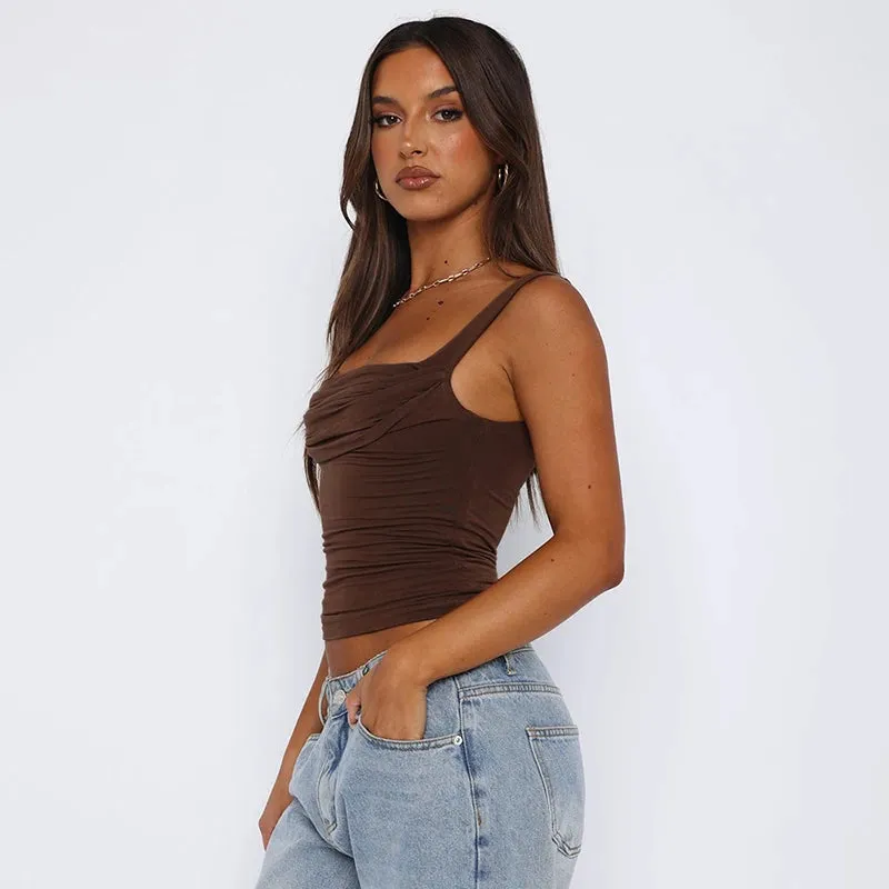 LVSANW CUTENOVA Wide Straps Square Neck Sleeveless Skinny Backless T Shirt Y2K Women's Pleated Solid Color  Summer Casual Basic Tank To