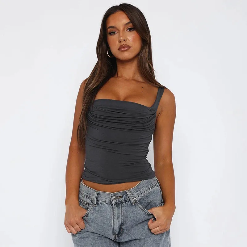 LVSANW CUTENOVA Wide Straps Square Neck Sleeveless Skinny Backless T Shirt Y2K Women's Pleated Solid Color  Summer Casual Basic Tank To