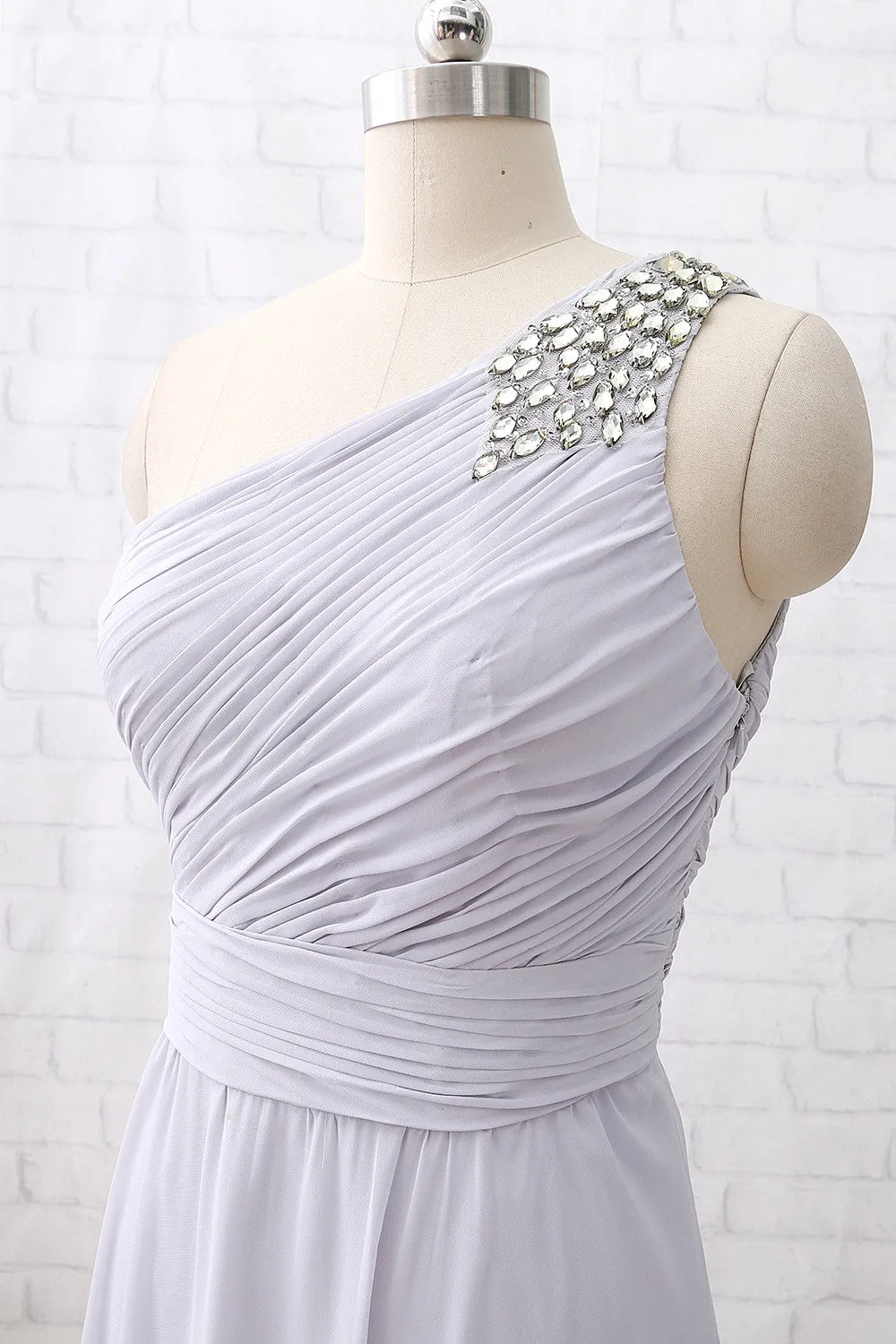 MACloth One Shoulder with Beaded Long Bridesmaid Dress Silver Formal Party Dress