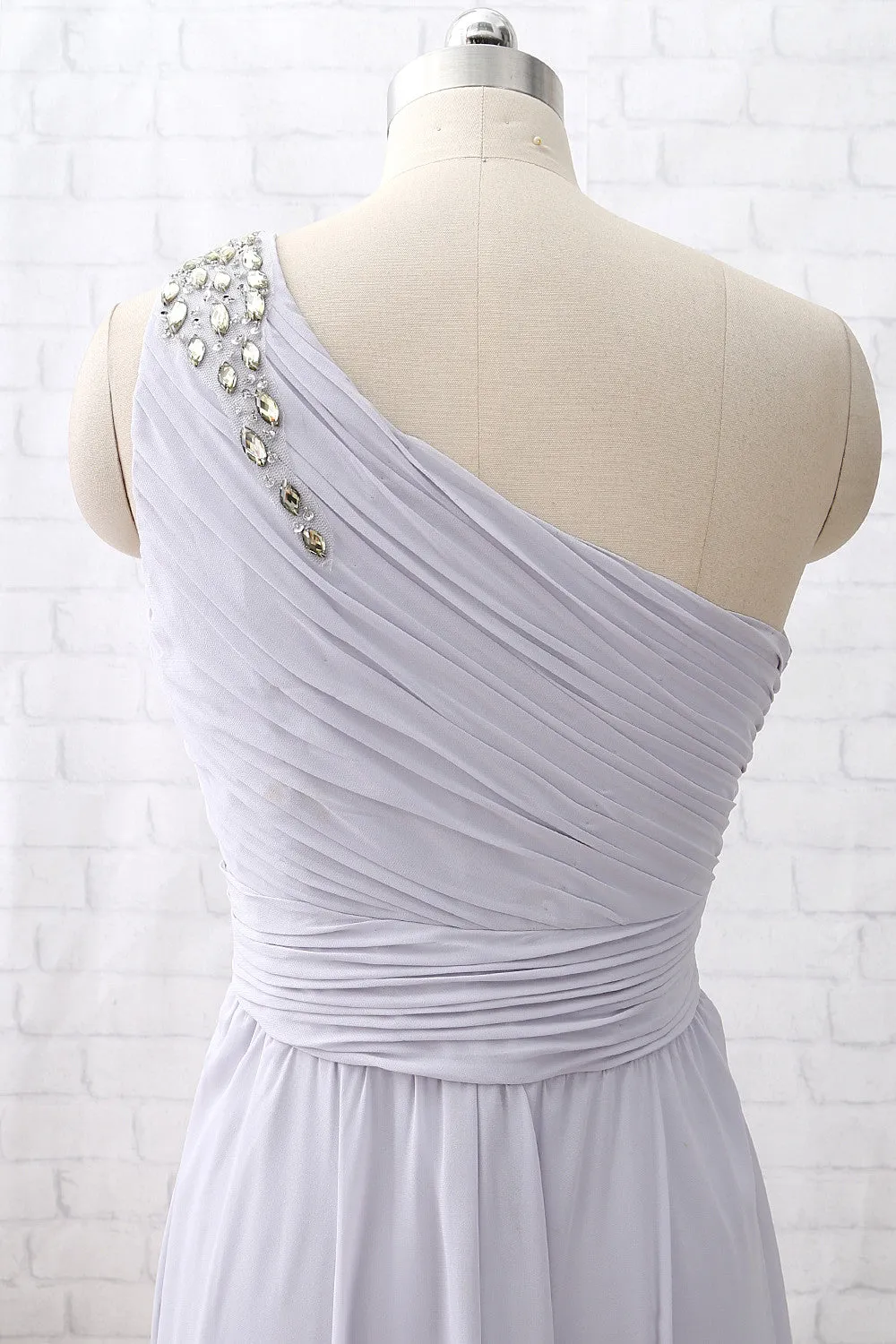 MACloth One Shoulder with Beaded Long Bridesmaid Dress Silver Formal Party Dress
