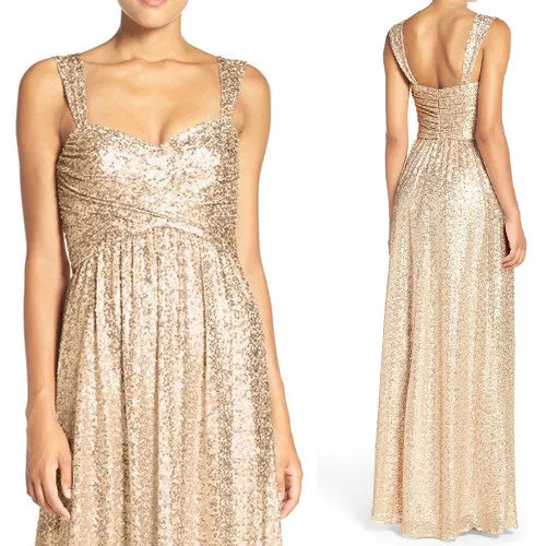 MACloth Straps Sweetheart Sequin Long Bridesmaid Dress Rose Gold Prom Gown