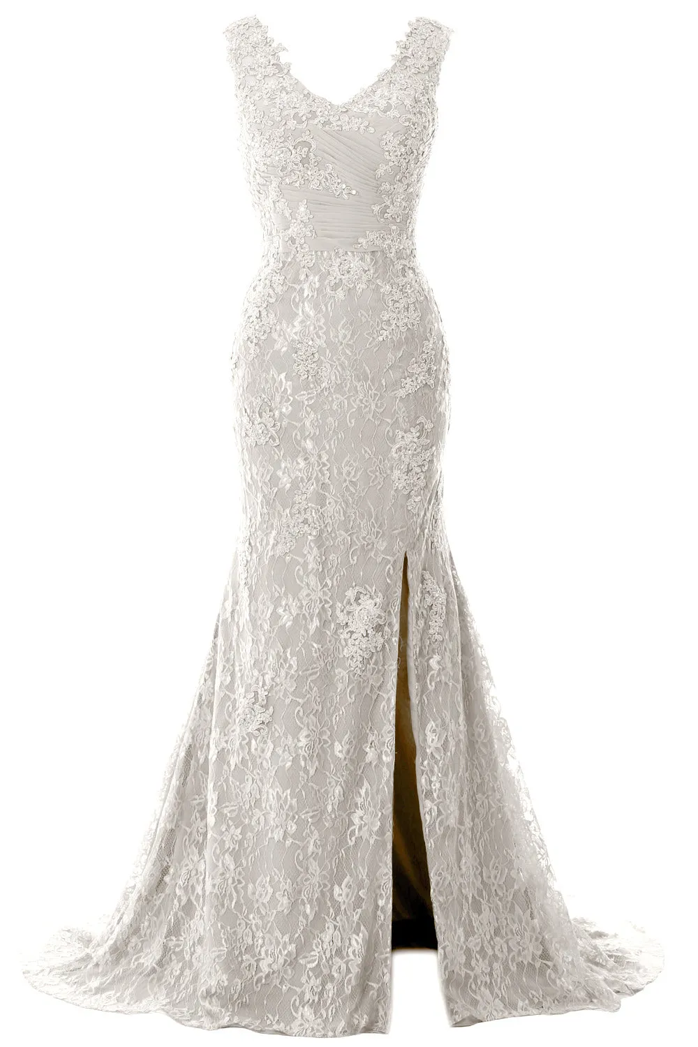 MACloth Women Mermaid Long Wedding Dresses V Neck Lace Evening Prom Gown