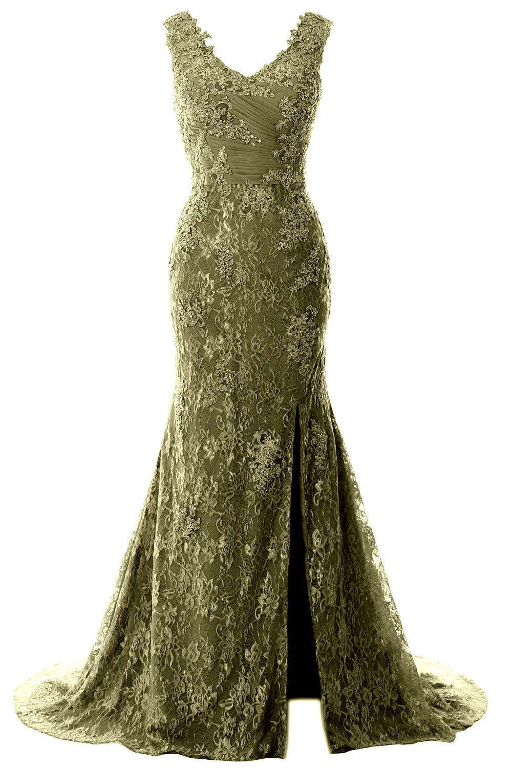 MACloth Women Mermaid Long Wedding Dresses V Neck Lace Evening Prom Gown