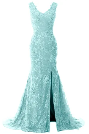 MACloth Women Mermaid Long Wedding Dresses V Neck Lace Evening Prom Gown