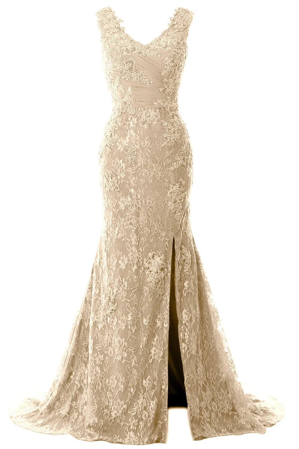 MACloth Women Mermaid Long Wedding Dresses V Neck Lace Evening Prom Gown