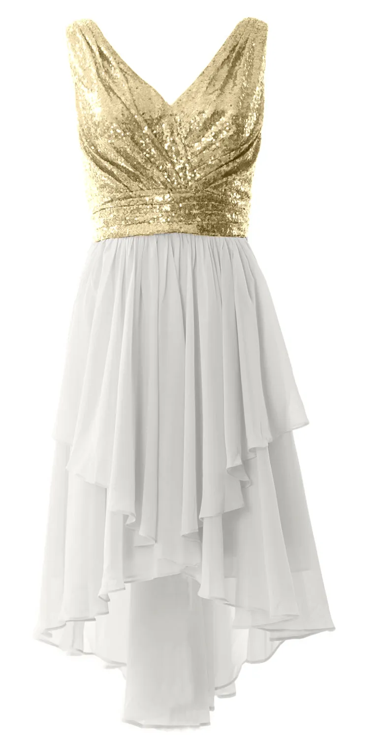 MACloth Women Straps V Neck Sequin Chiffon High Low Prom Dress Formal Party Gown