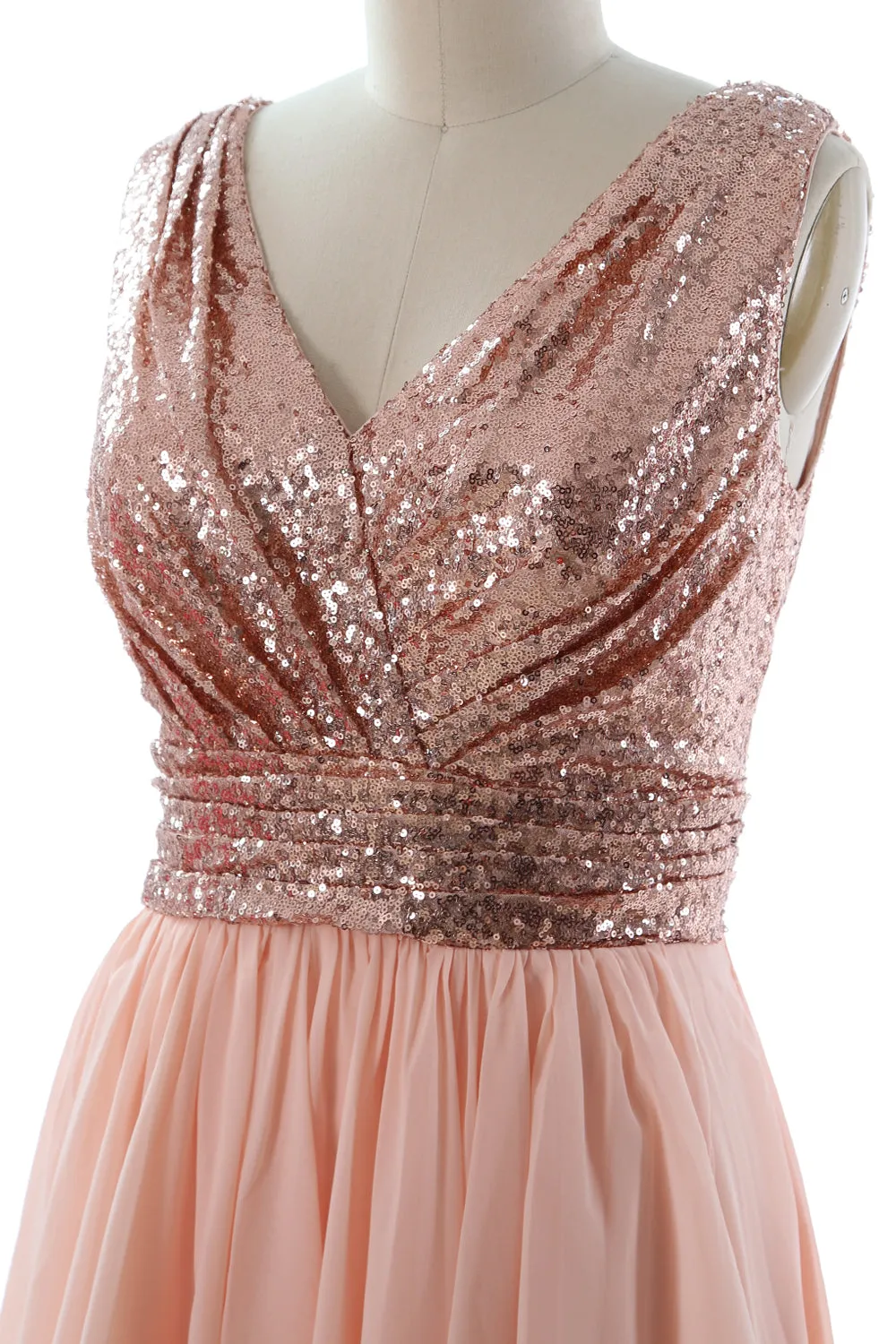 MACloth Women Straps V Neck Sequin Chiffon High Low Prom Dress Formal Party Gown