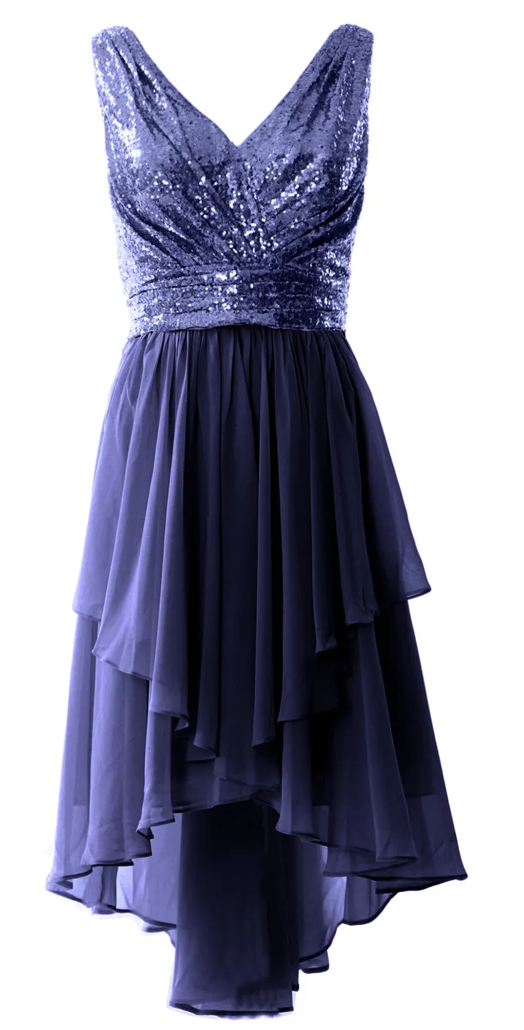 MACloth Women Straps V Neck Sequin Chiffon High Low Prom Dress Formal Party Gown