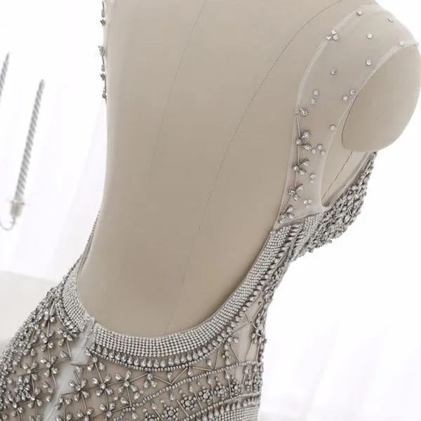 Mermaid Backless Silver Prom Evening Dresses