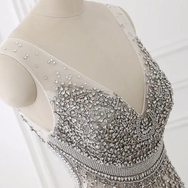 Mermaid Backless Silver Prom Evening Dresses