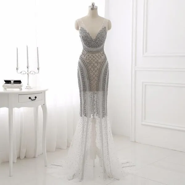 Mermaid Backless Silver Prom Evening Dresses