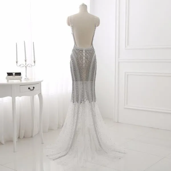 Mermaid Backless Silver Prom Evening Dresses