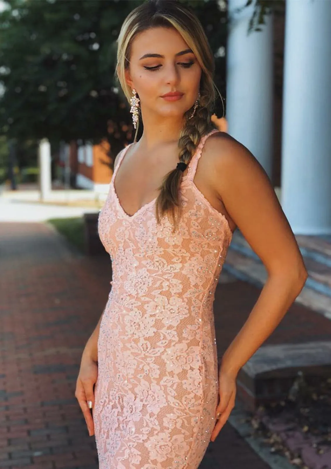 Mermaid V Neck Sleeveless Straps Sweep Pink Lace Prom Dress, Beading