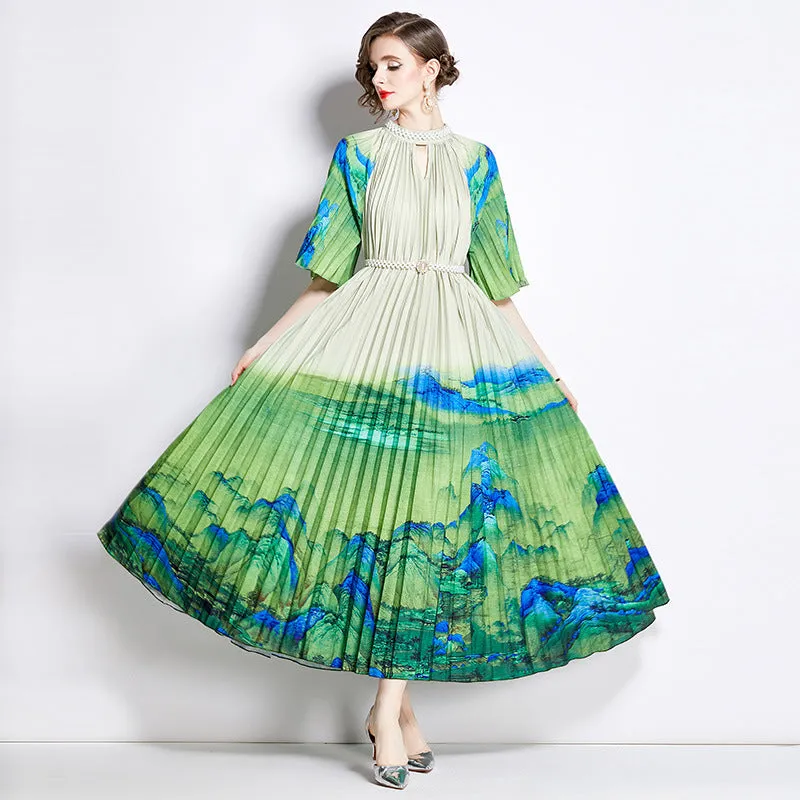 Miyake women's pleated skirt short-sleeved beaded stand-up collar waist thin a word gradual change color printing big swing dress