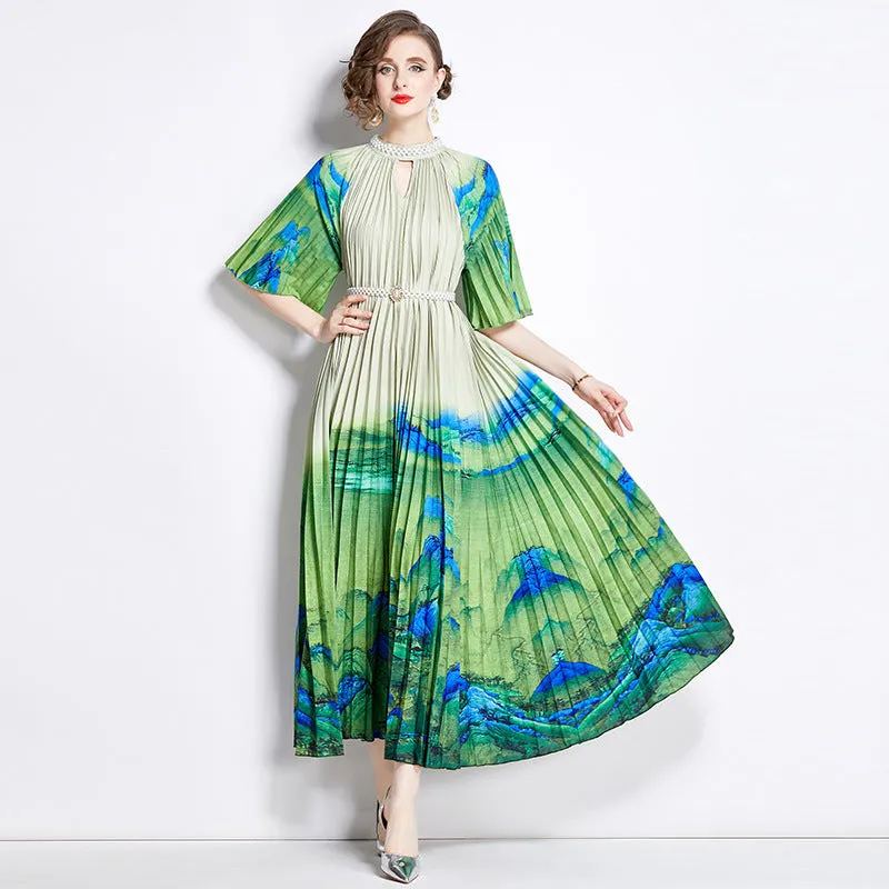 Miyake women's pleated skirt short-sleeved beaded stand-up collar waist thin a word gradual change color printing big swing dress