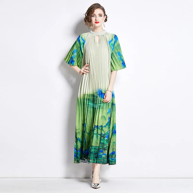 Miyake women's pleated skirt short-sleeved beaded stand-up collar waist thin a word gradual change color printing big swing dress