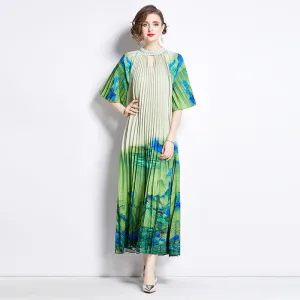 Miyake women's pleated skirt short-sleeved beaded stand-up collar waist thin a word gradual change color printing big swing dress