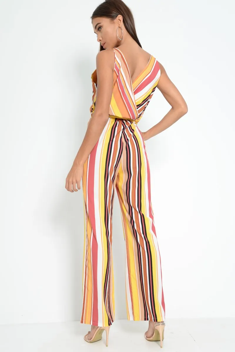 Mustard And Beige Plunge Wide Leg Jumpsuit - Saidi