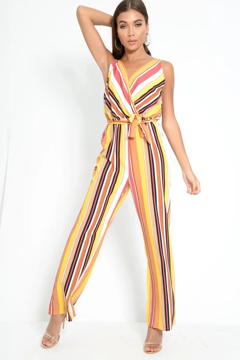 Mustard And Beige Plunge Wide Leg Jumpsuit - Saidi