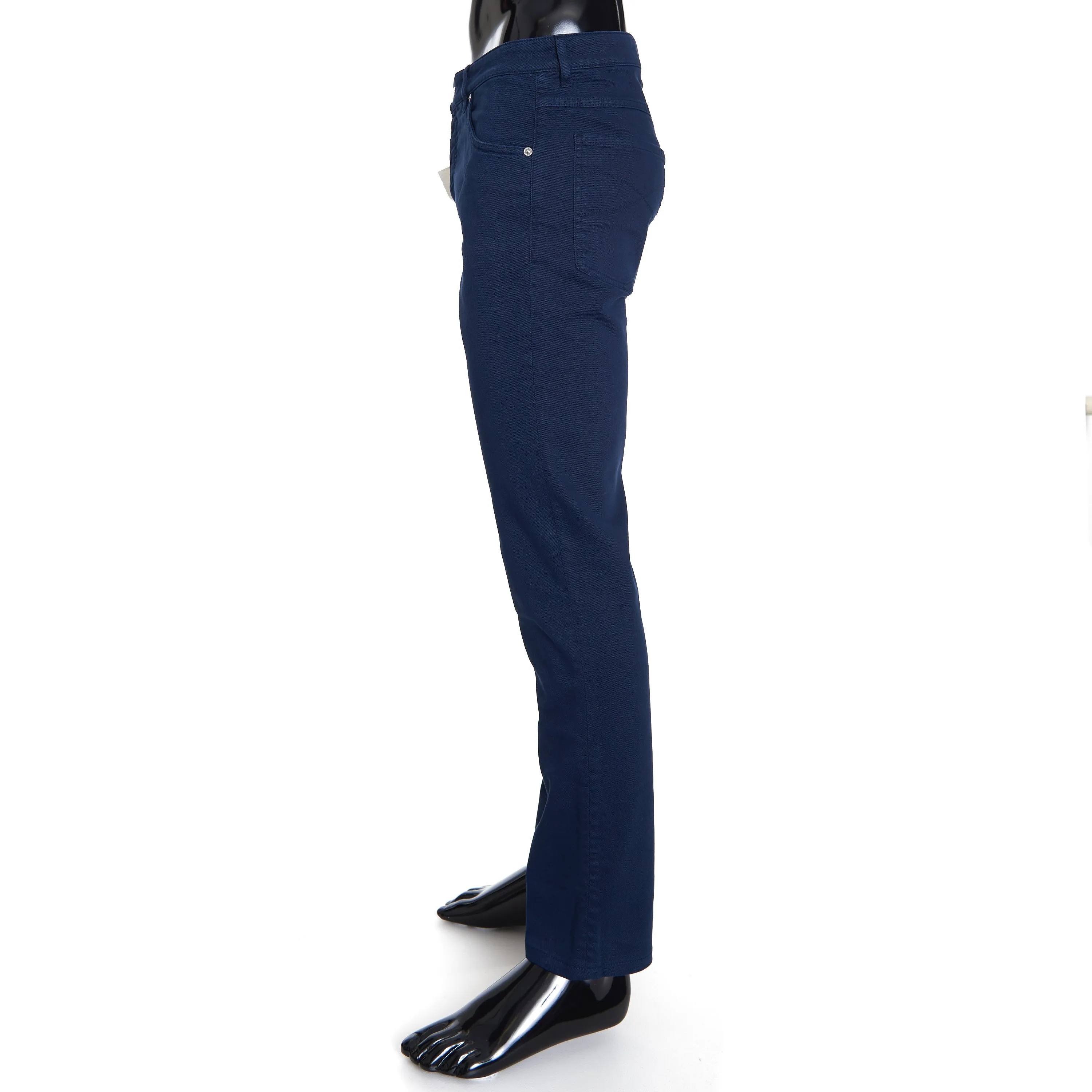 Navy Blue Stretch Denim Trousers - Slim Fit, Five-Pocket