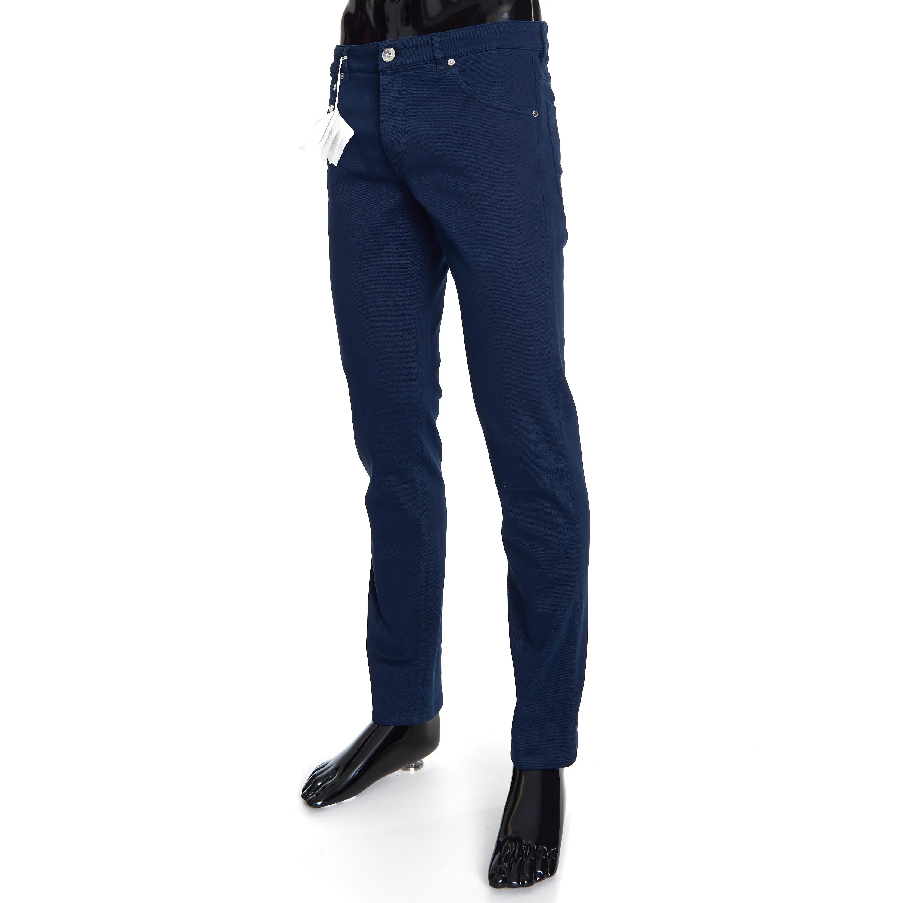 Navy Blue Stretch Denim Trousers - Slim Fit, Five-Pocket