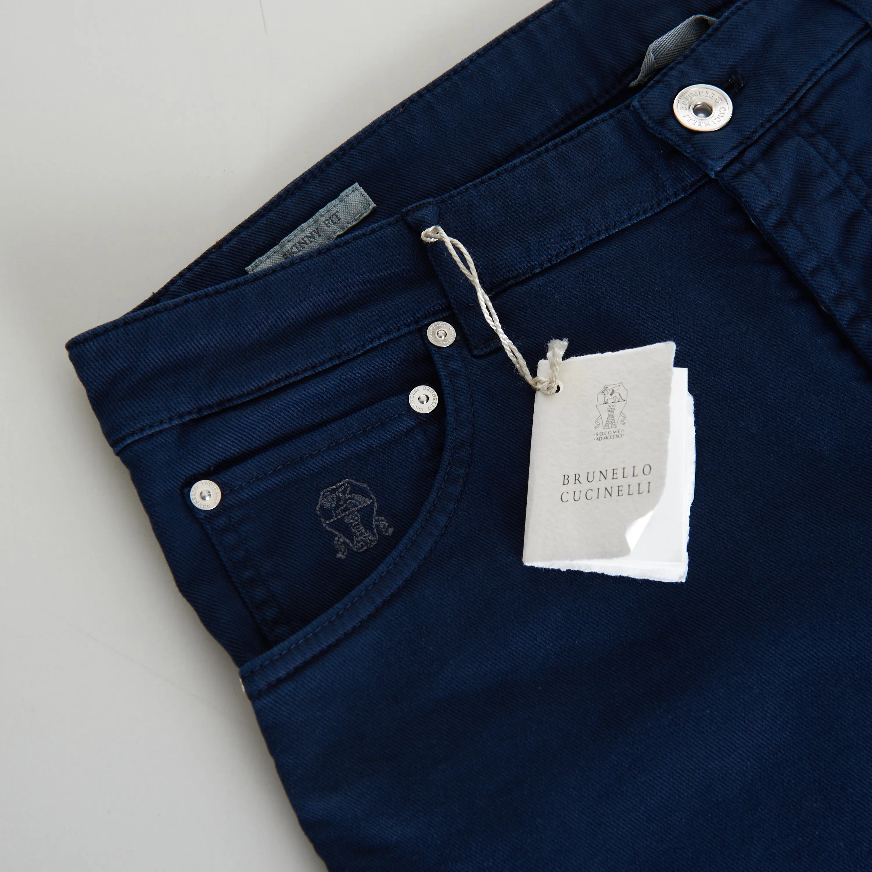 Navy Blue Stretch Denim Trousers - Slim Fit, Five-Pocket