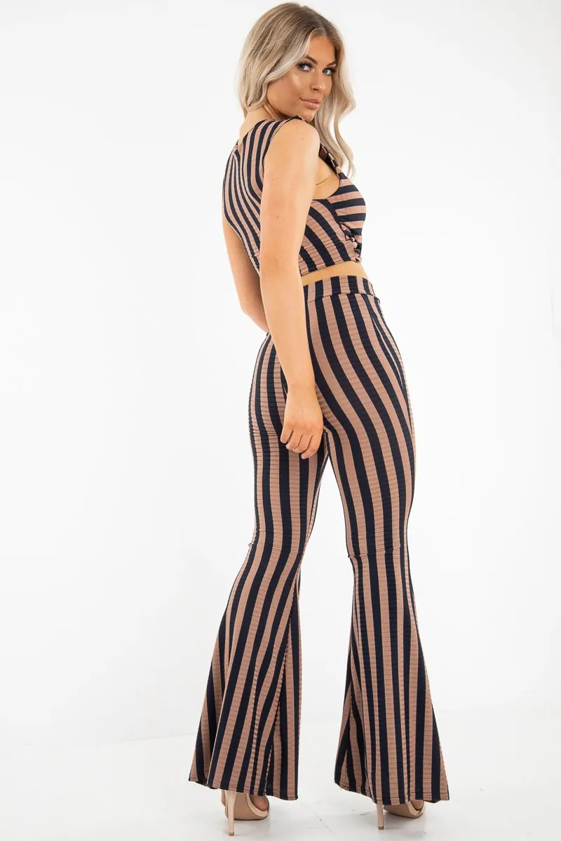 Navy Camel Stripe Rib Crop Top Trousers Co-Ord - Elmira