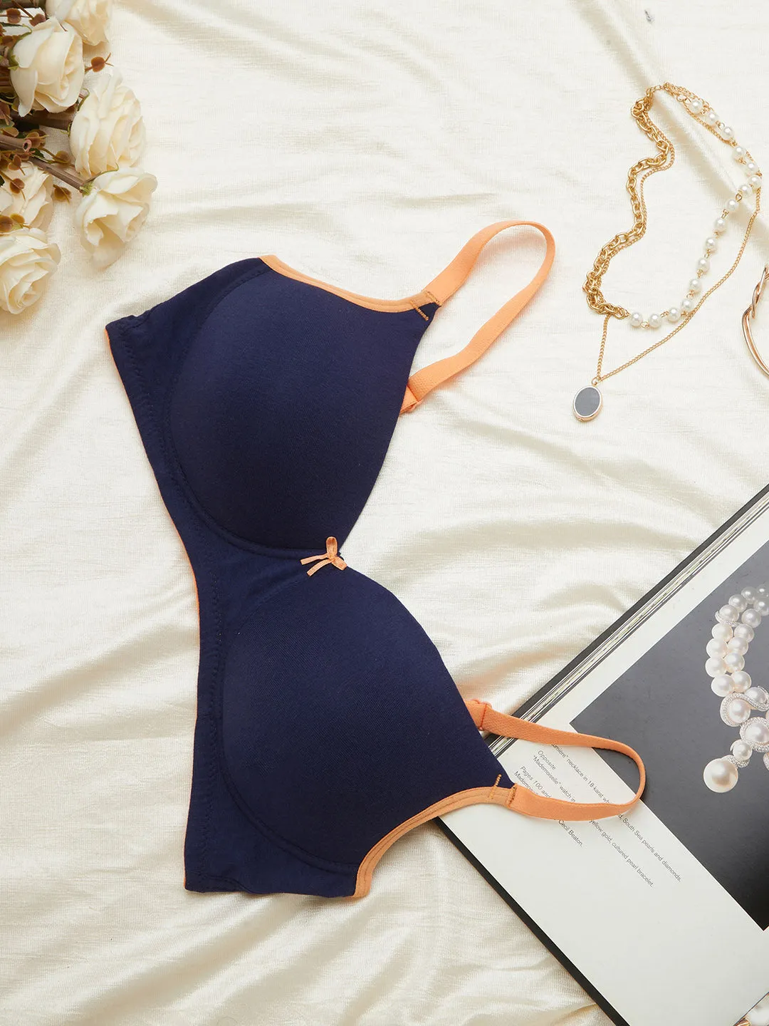 Navy Peony 3/4th Coverage Padded T-Shirt Bra for Women - Zola