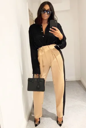Nude Black Stripe Belted Wide Leg Trousers - Philippa