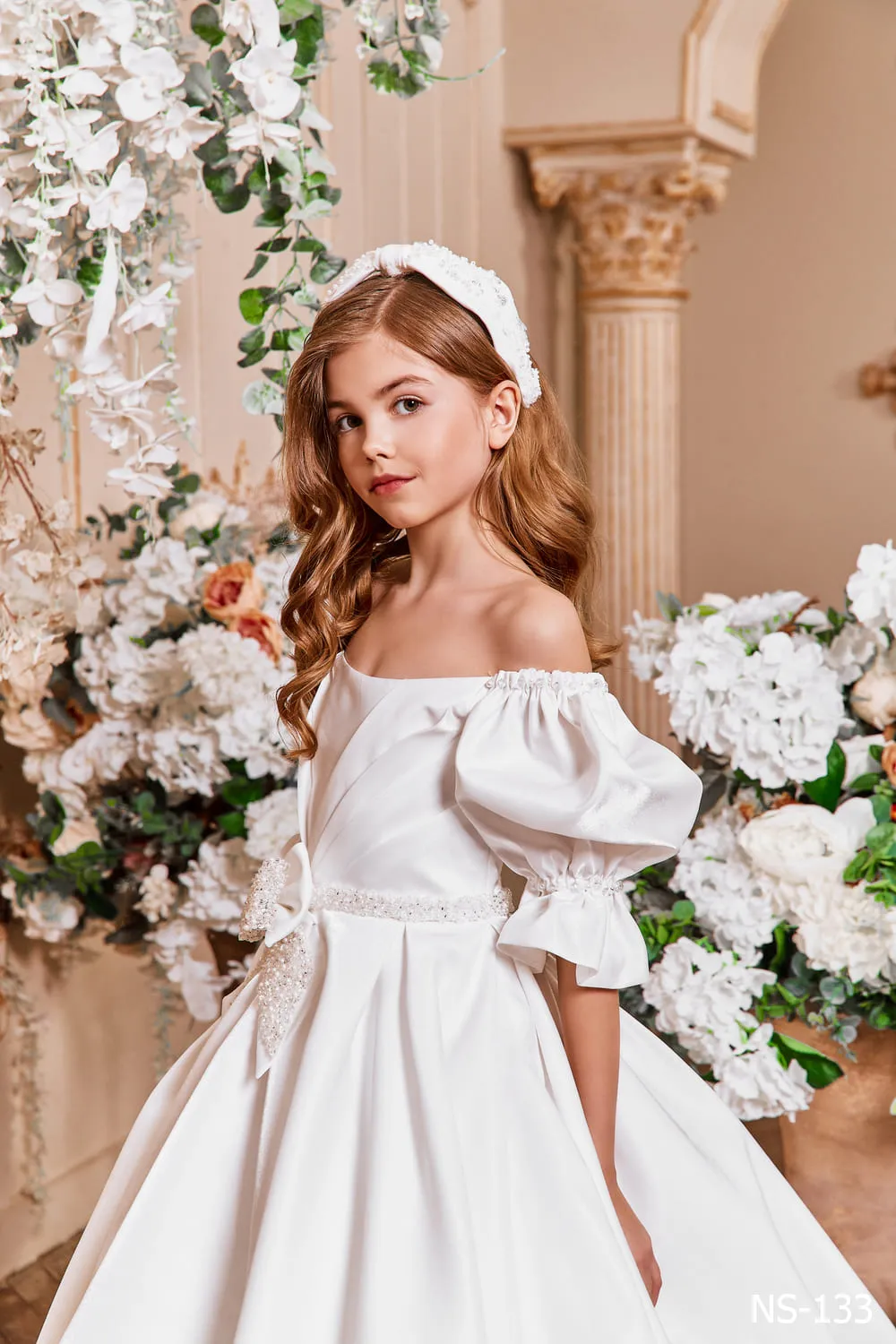 Off White Mikado Satin Off the Shoulder Dress