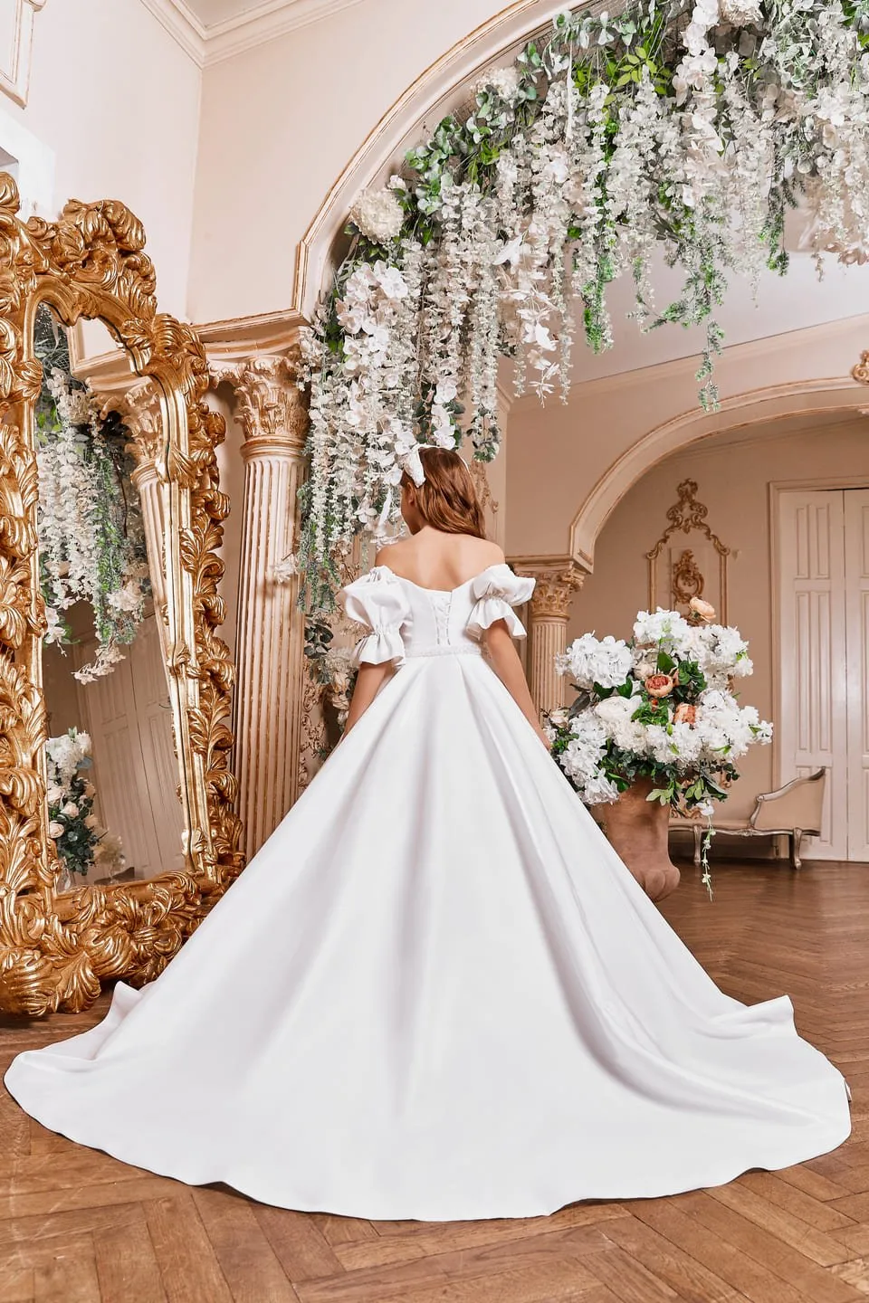 Off White Mikado Satin Off the Shoulder Dress
