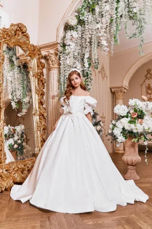 Off White Mikado Satin Off the Shoulder Dress