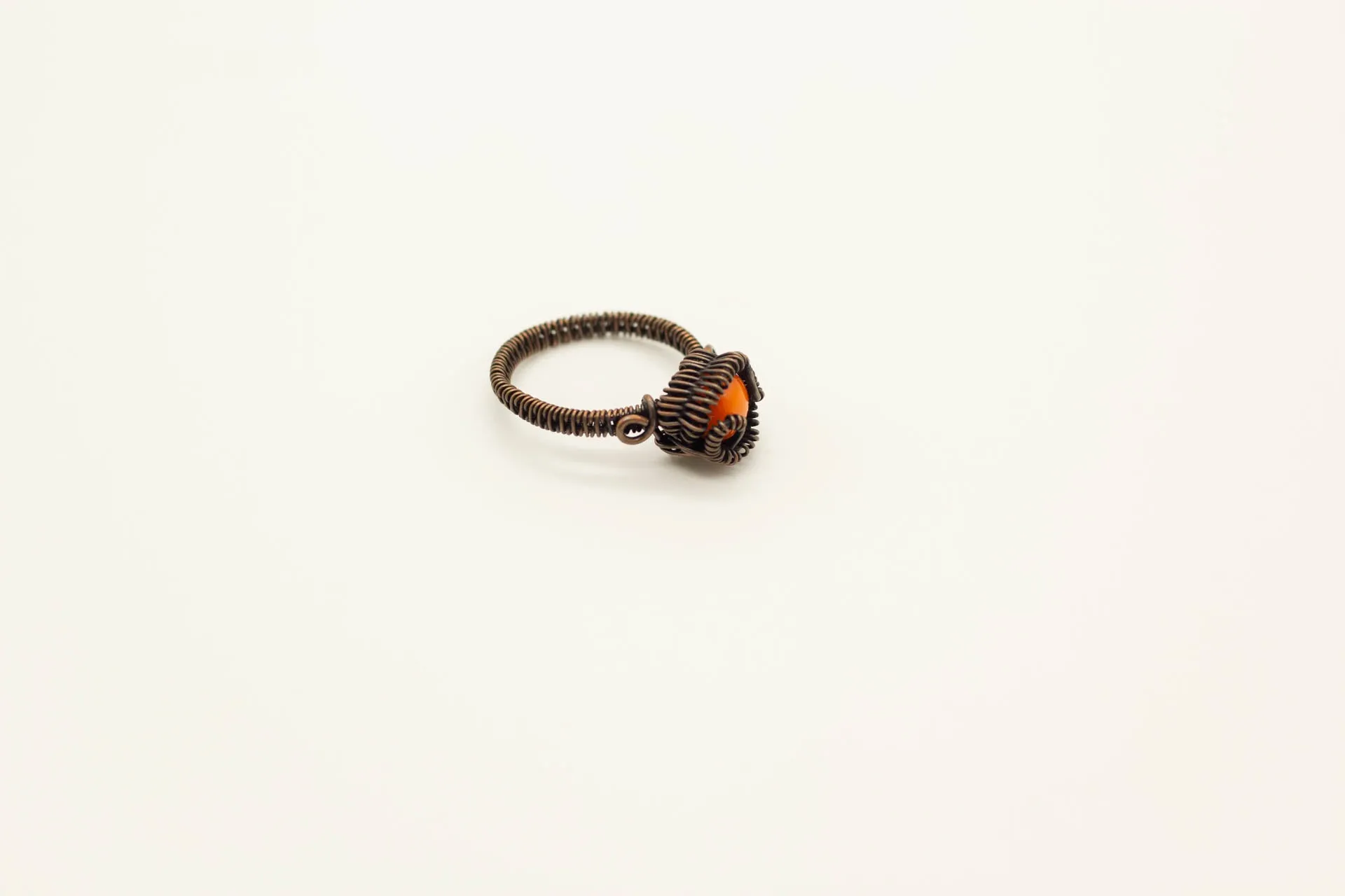 Orange Fused Glass and Copper Wire Wrapped Ring