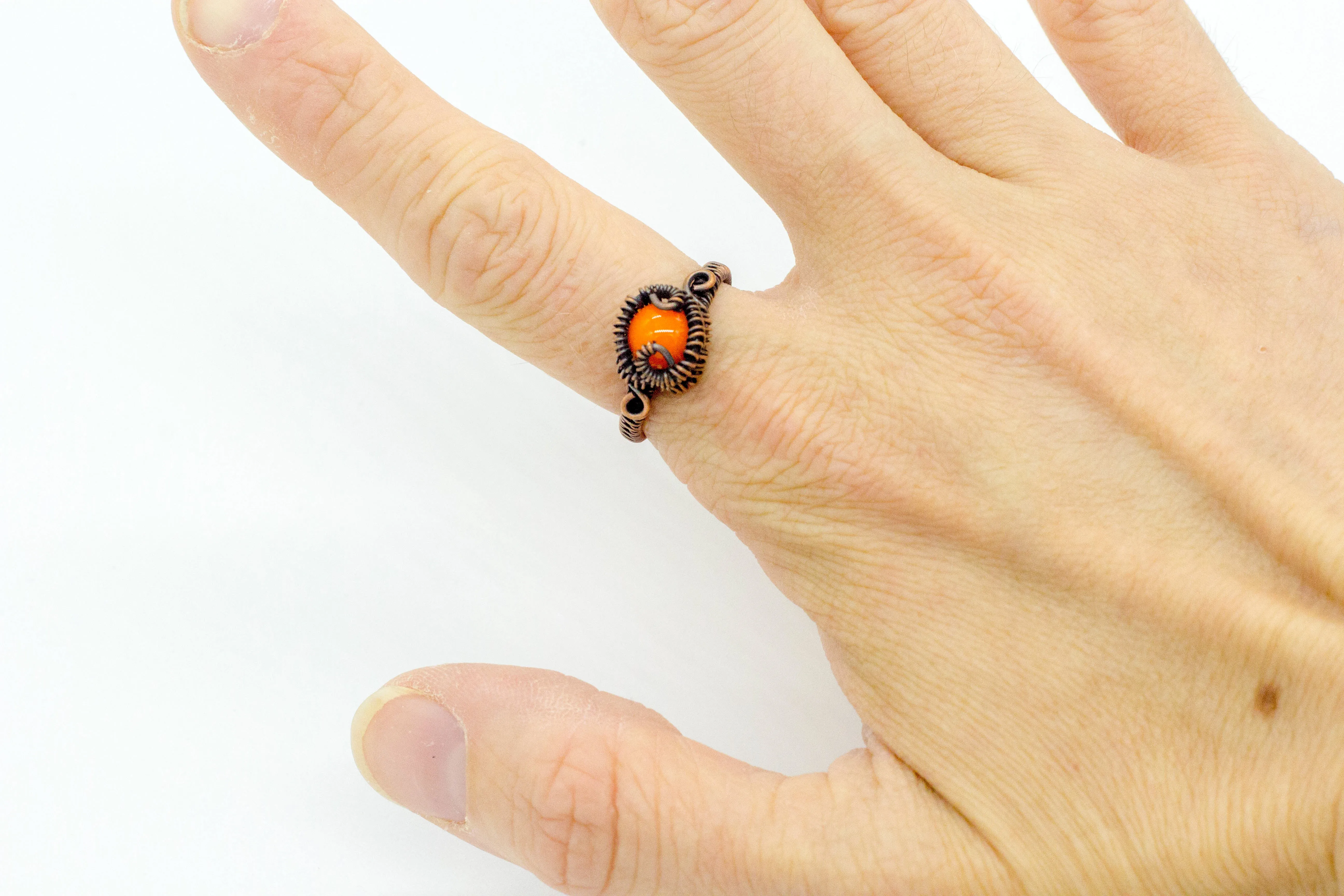 Orange Fused Glass and Copper Wire Wrapped Ring