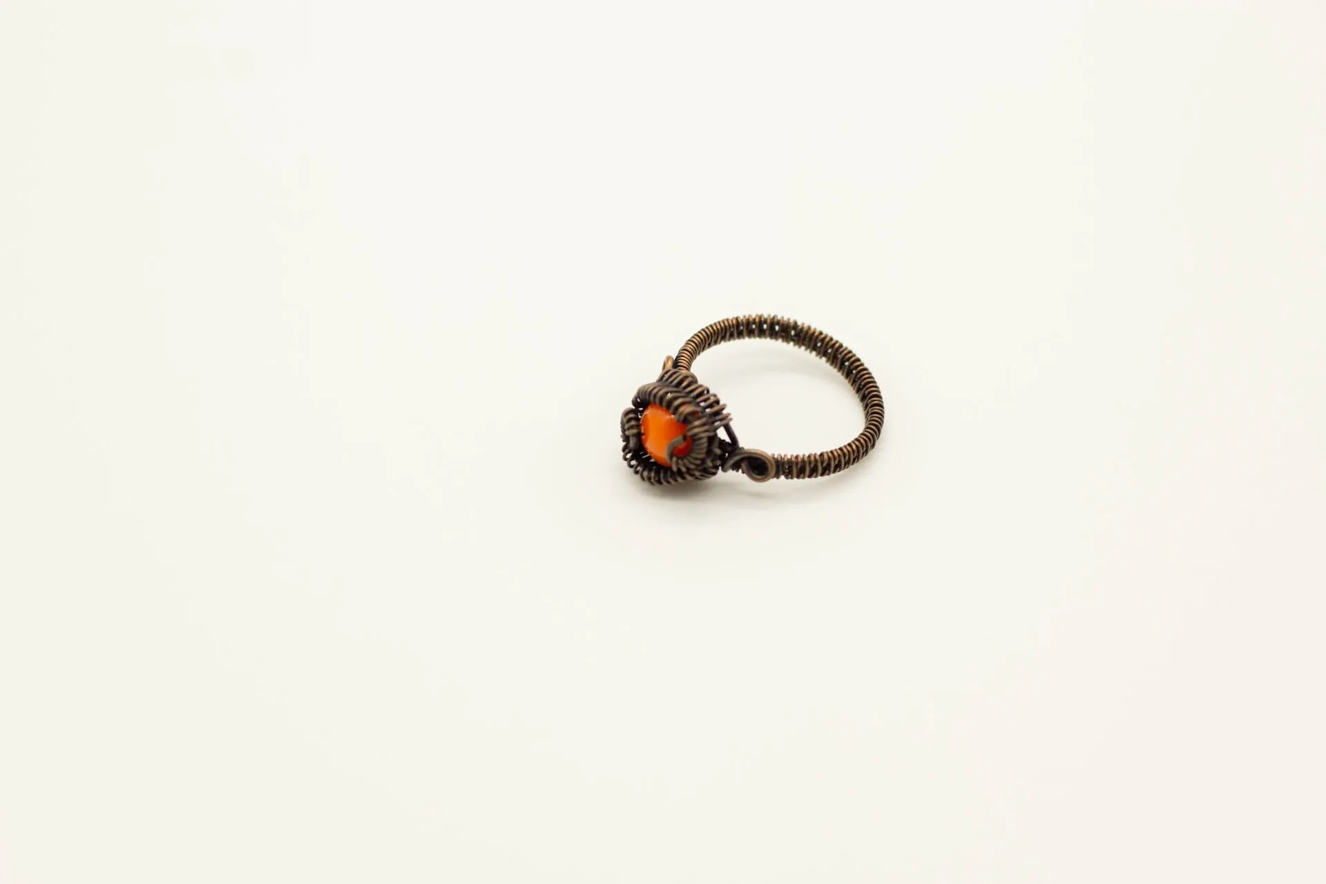 Orange Fused Glass and Copper Wire Wrapped Ring