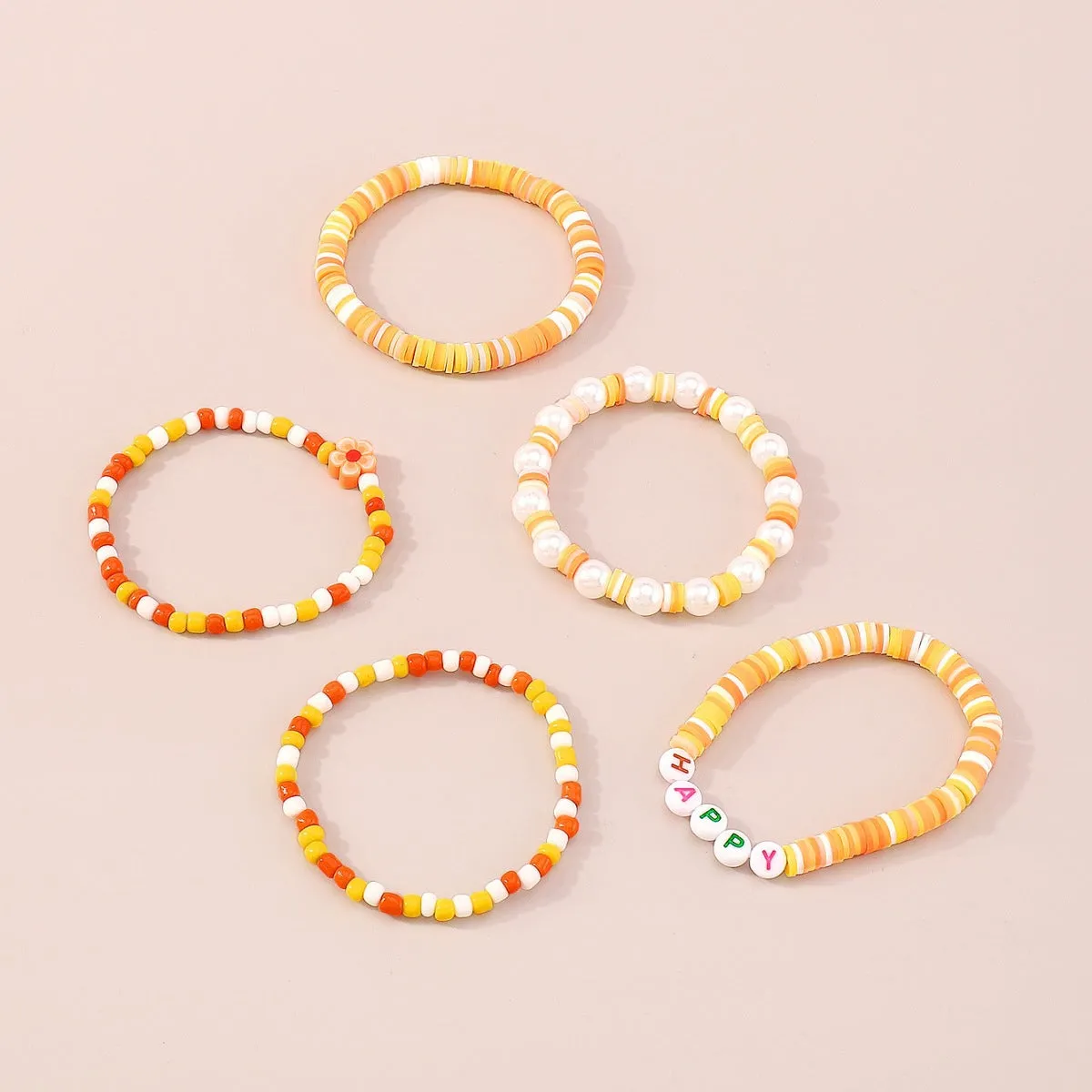 Orange Howlite 'Happy' Beaded Stretch Bracelet Set