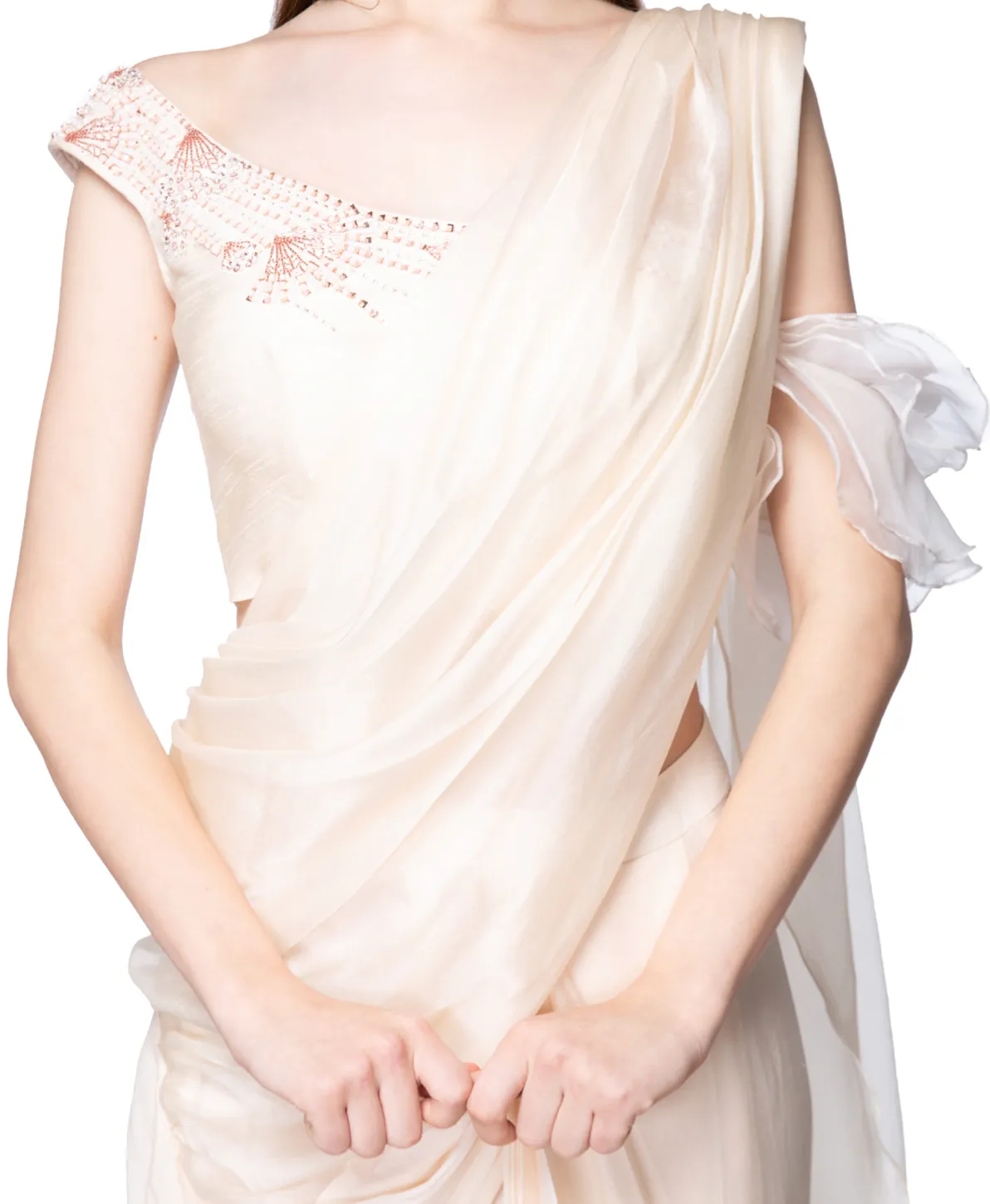 Organza Pre-Draped Cream Sari
