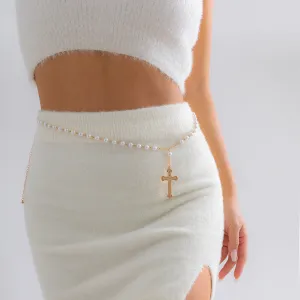 Pearl & 18K Gold-Plated Cross Pendant Waist Chain