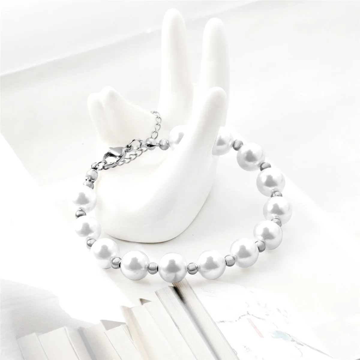 Pearl & Silver-Plated Ball Bead Station Bracelet