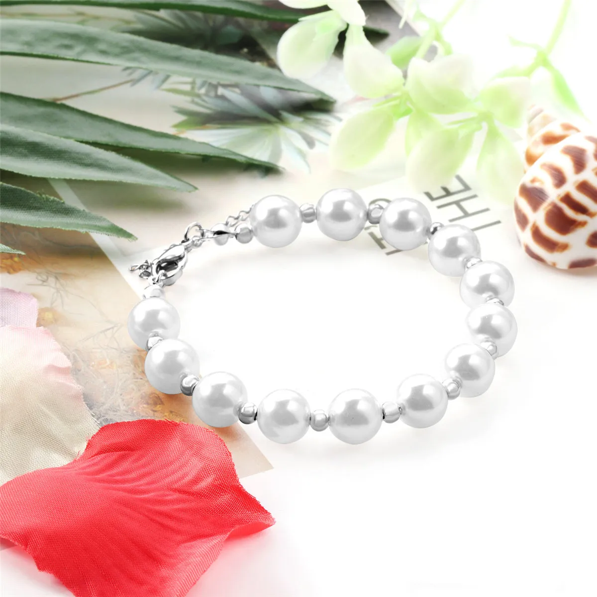 Pearl & Silver-Plated Ball Bead Station Bracelet