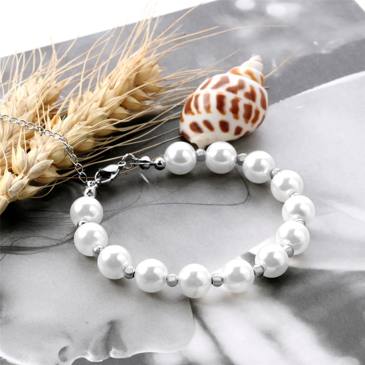Pearl & Silver-Plated Ball Bead Station Bracelet