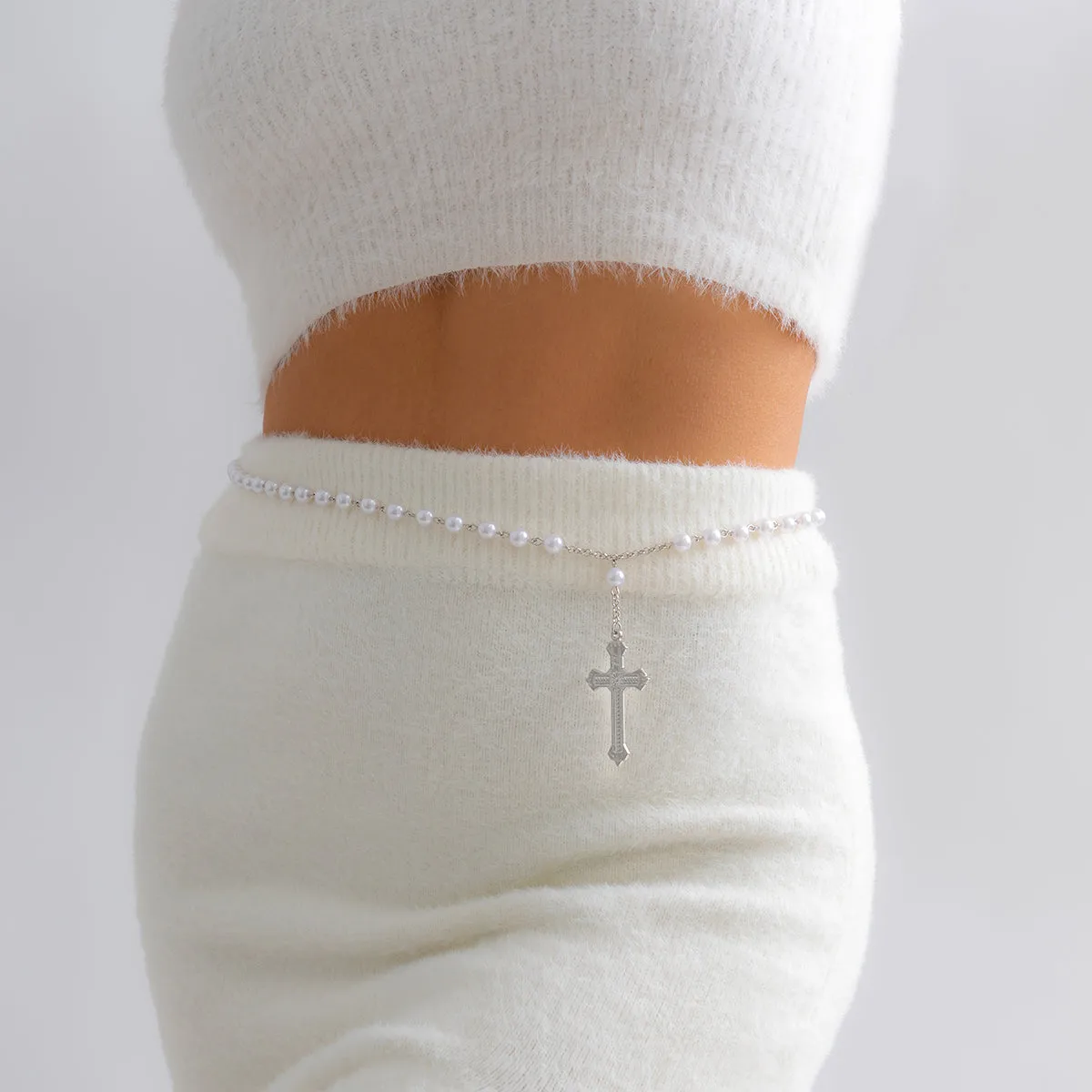 Pearl & Silver-Plated Cross Pendant Waist Chain