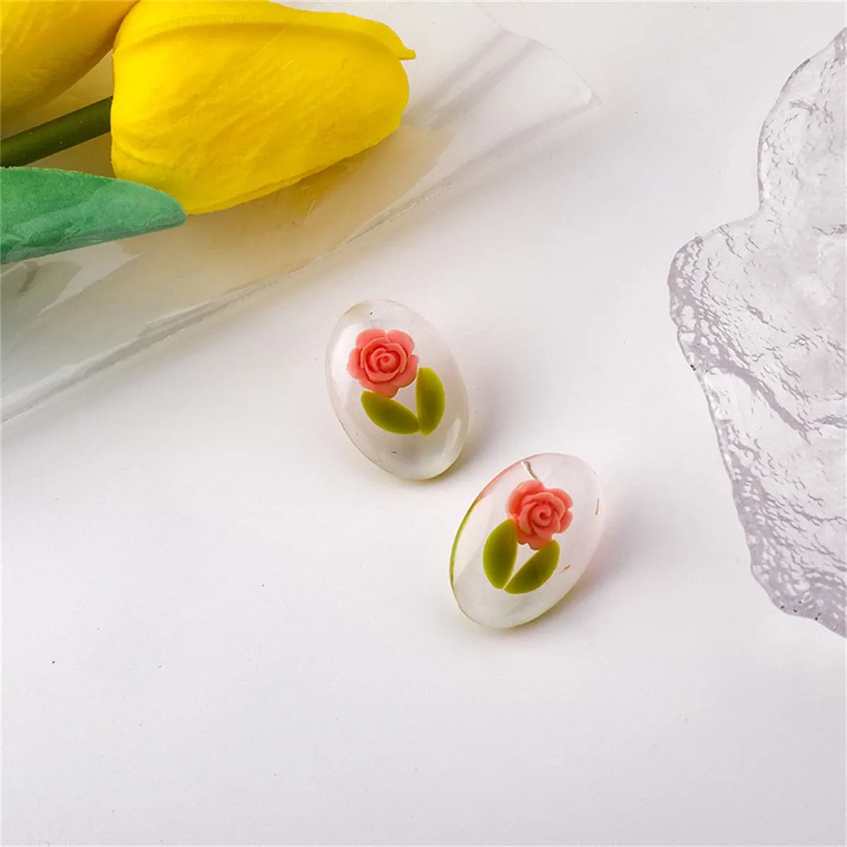 Pink & Green Rose Oval Stud Earrings