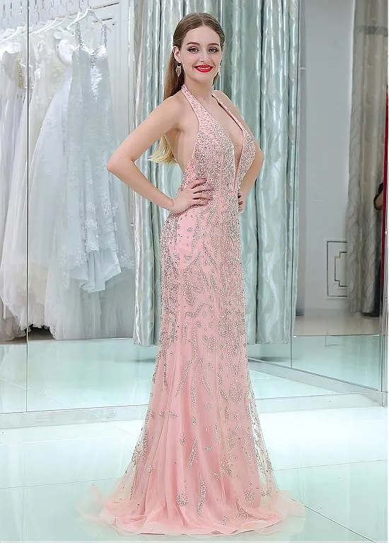 Pink Backless Mermaid Prom Dresses