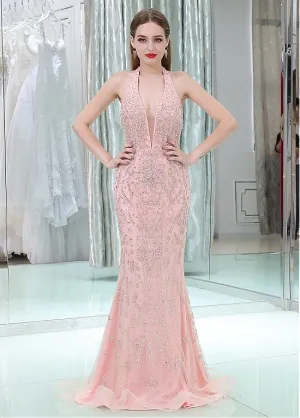 Pink Backless Mermaid Prom Dresses