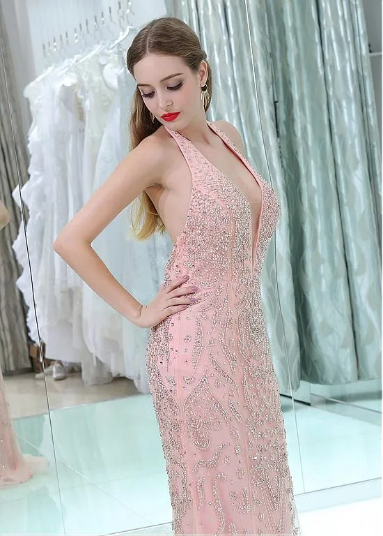 Pink Backless Mermaid Prom Dresses
