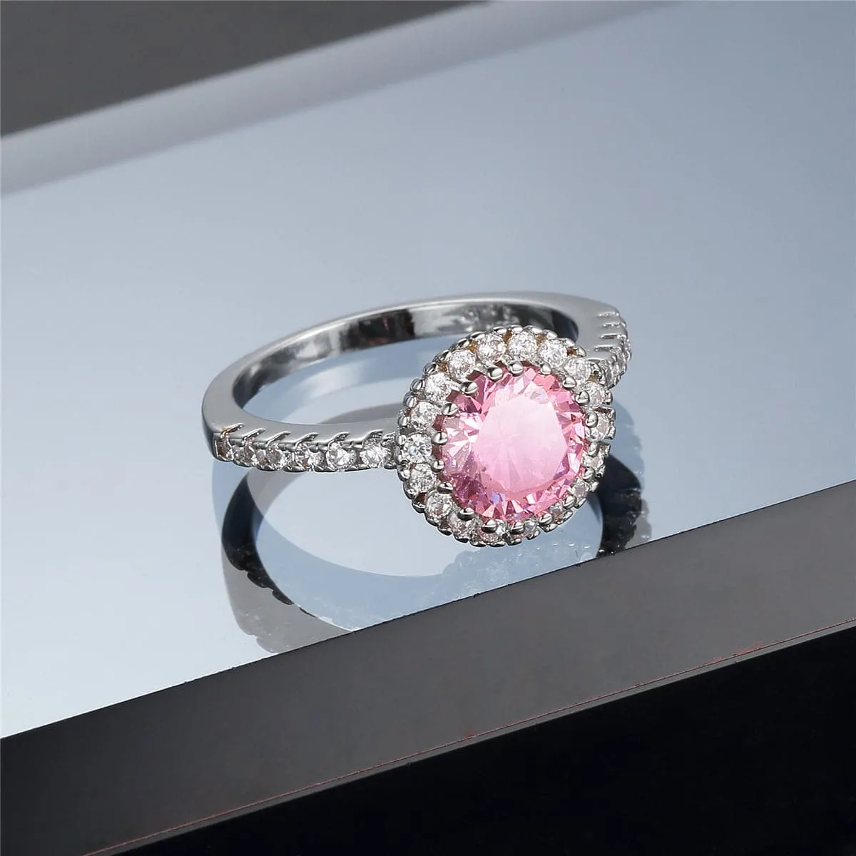 Pink Cubic Zirconia & Crystal Halo Prong Round Ring