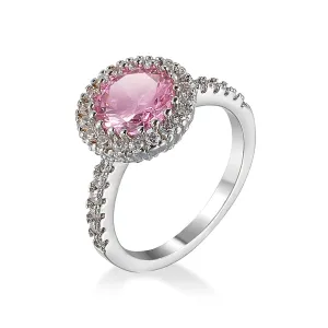 Pink Cubic Zirconia & Crystal Halo Prong Round Ring